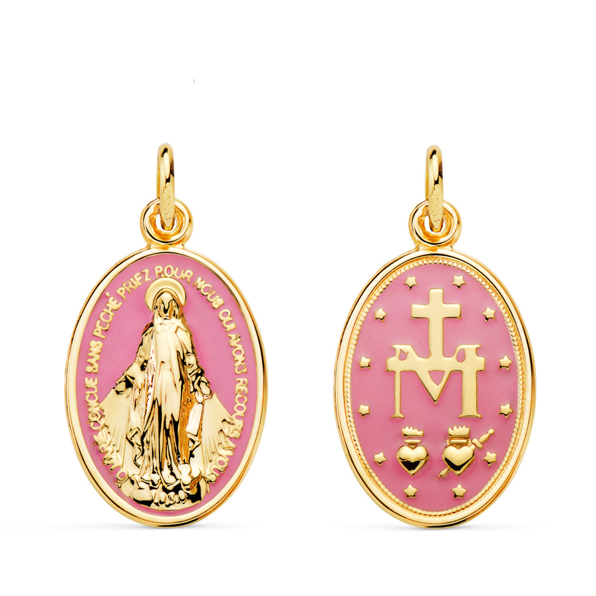 MEDALLA DE ORO VIRGEN MILAGROSA ESMALTE ROSA