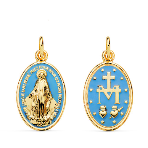 MEDALLA DE ORO VIRGEN MILAGROSA ESMALTE AZUL