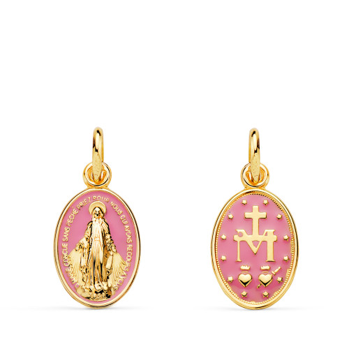 MEDALLA DE ORO VIRGEN MILAGROSA ESMALTE ROSA PEQUEÑA